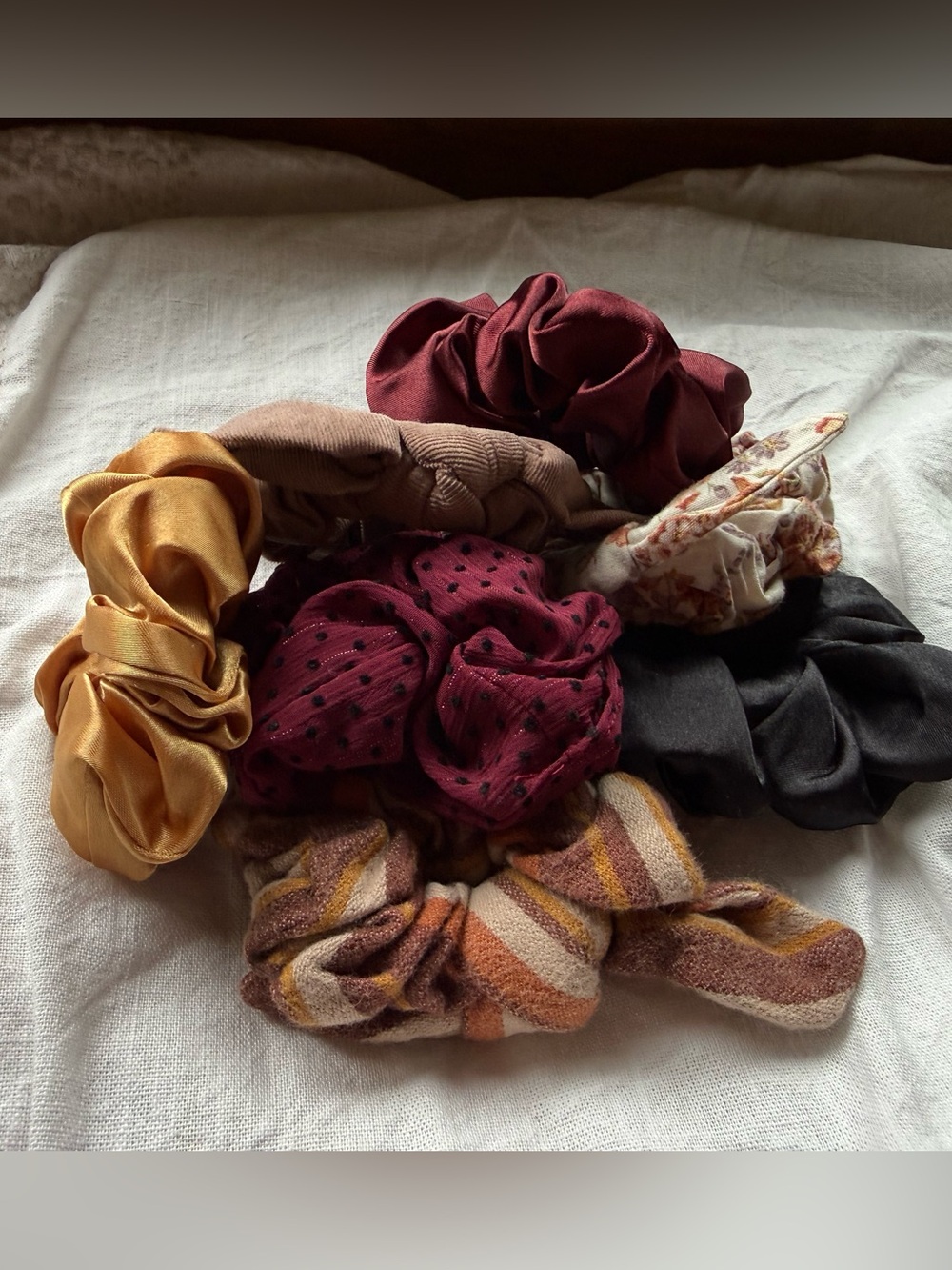 Home-made Assorted Women's Scrunchie Set - Burgundy, Mustard, Black, Brown, Crea